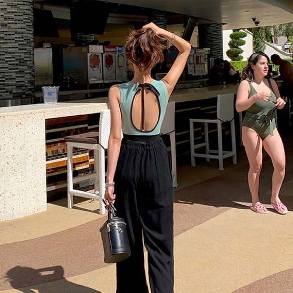 Retro Baby Blue Knit One Piece Swimsuit - Picture 6 of 14